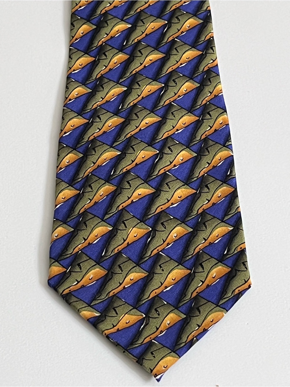 Vintage J. Garcia Blue and Gold Geometric Patterned Silk Tie